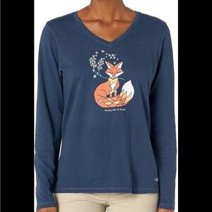 Life Is Good Navy Watercolor Fox V-Neck Crusher Long Sleeve Tee Shirt S